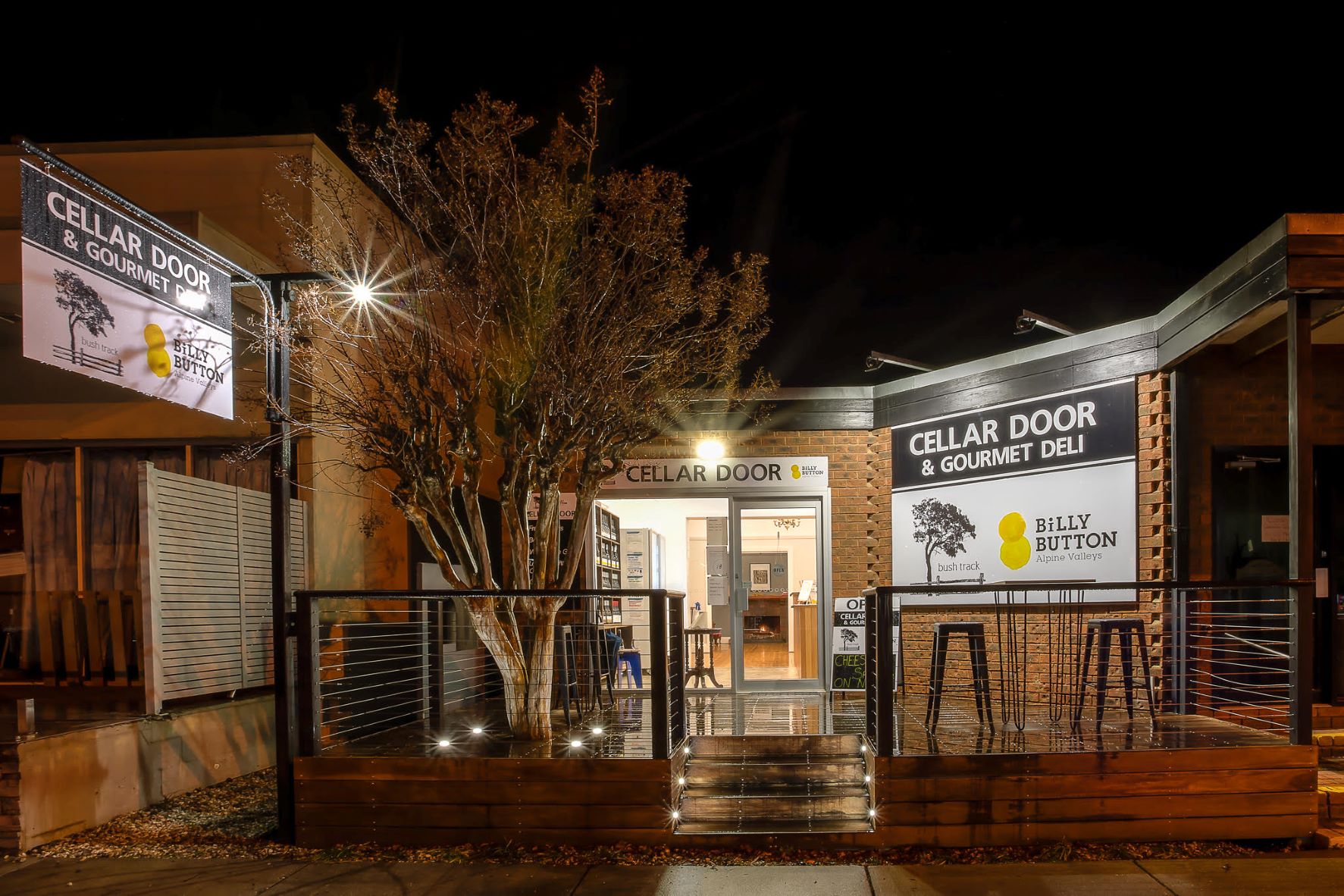 Billy Button Wines cellar door at night 